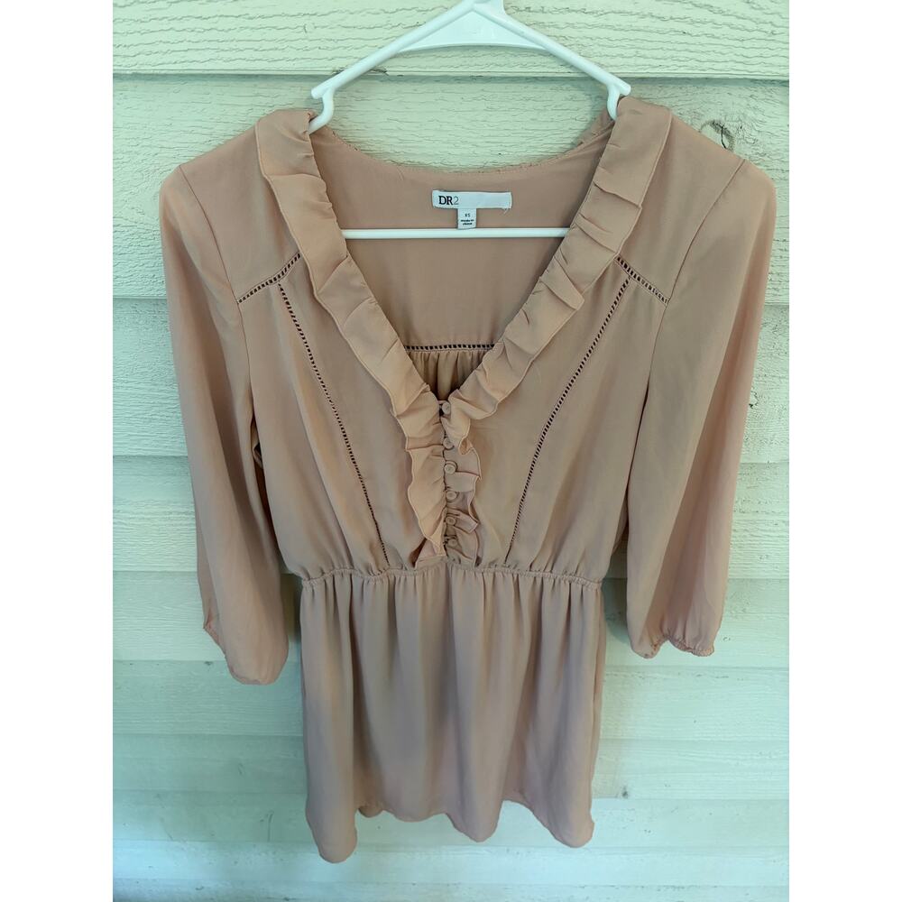 DR2 Blush Pink Ruffle Front Long Sleeve Dress XS Romantic Boho Mini Dress - Picture 3 of 9
